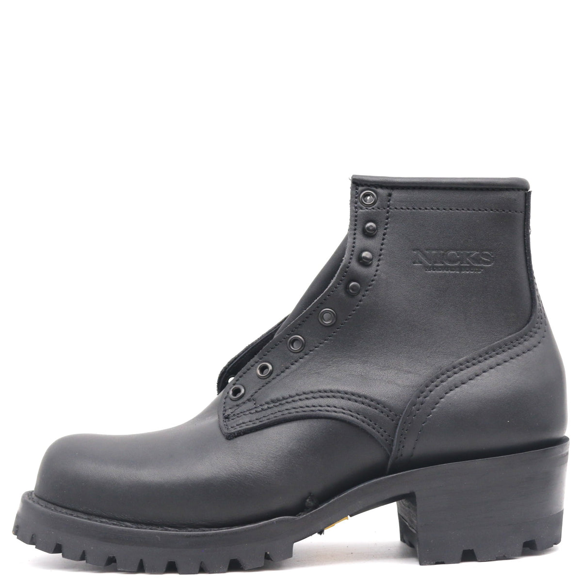 Black ankle boot with tall heel, black hardware, and a lug outsole against a white background.