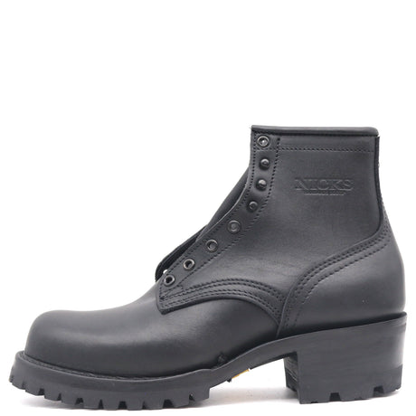 Black ankle boot with tall heel, black hardware, and a lug outsole against a white background.