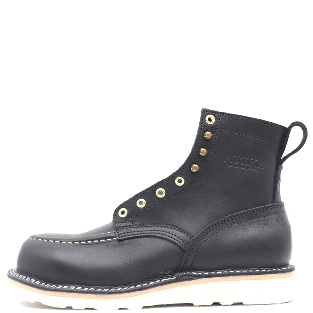 A single black leather high-top work boot with gold metal eyelets, contrast stitching, and a white outsole, shown from a side profile on a white background.