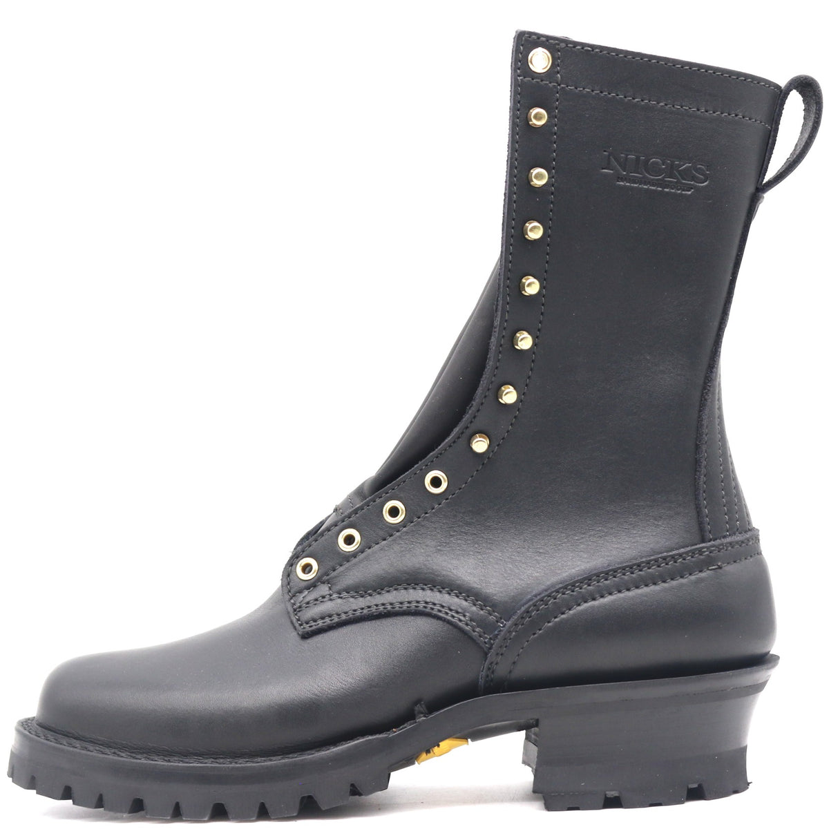 Tall black leather boot with brass hardware and a fireproof lug outsole against a white background.