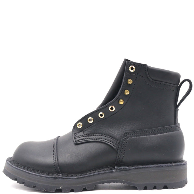 Black leather boot with tactical heel counter, brass hardware, 2-row toe cap, rear pull loop, and Sierra outsole in front of a white background.