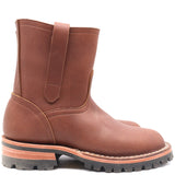 A single brown leather ankle boot with a pull strap, shown in a side profile view against a white background.