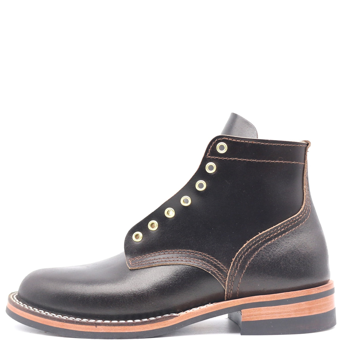 A single black leather lace-up ankle boot with brass eyelets and contrast stitching, shown in a side profile on a white background.