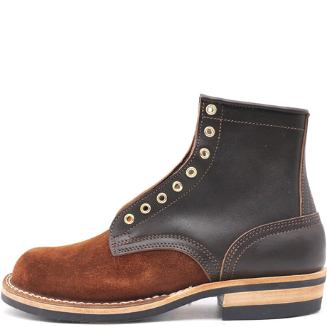 Nicks handmade lace-up boot with dark brown smooth leather upper brown roughout leather vamp and brass eyelets