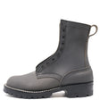 A dark gray leather lace-up ankle boot with a pull loop, white contrast stitching, and a rugged black sole, shown from a side profile on a white background.