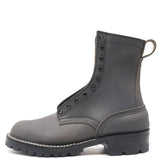 A dark gray leather lace-up ankle boot with a pull loop, white contrast stitching, and a rugged black sole, shown from a side profile on a white background.