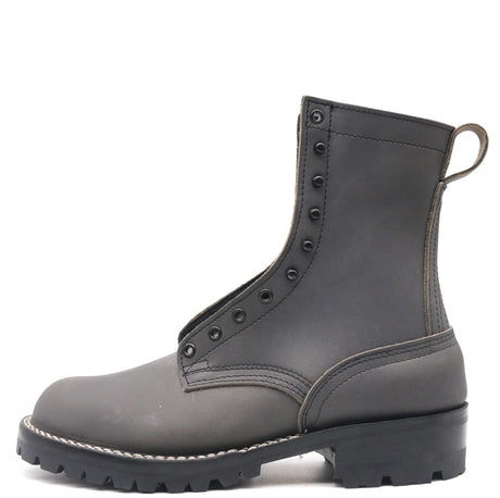 A dark gray leather lace-up ankle boot with a pull loop, white contrast stitching, and a rugged black sole, shown from a side profile on a white background.
