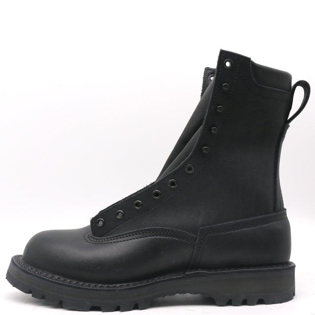 A single black leather lace-up ankle boot with a thick lug sole, shown in a side profile on a white background.