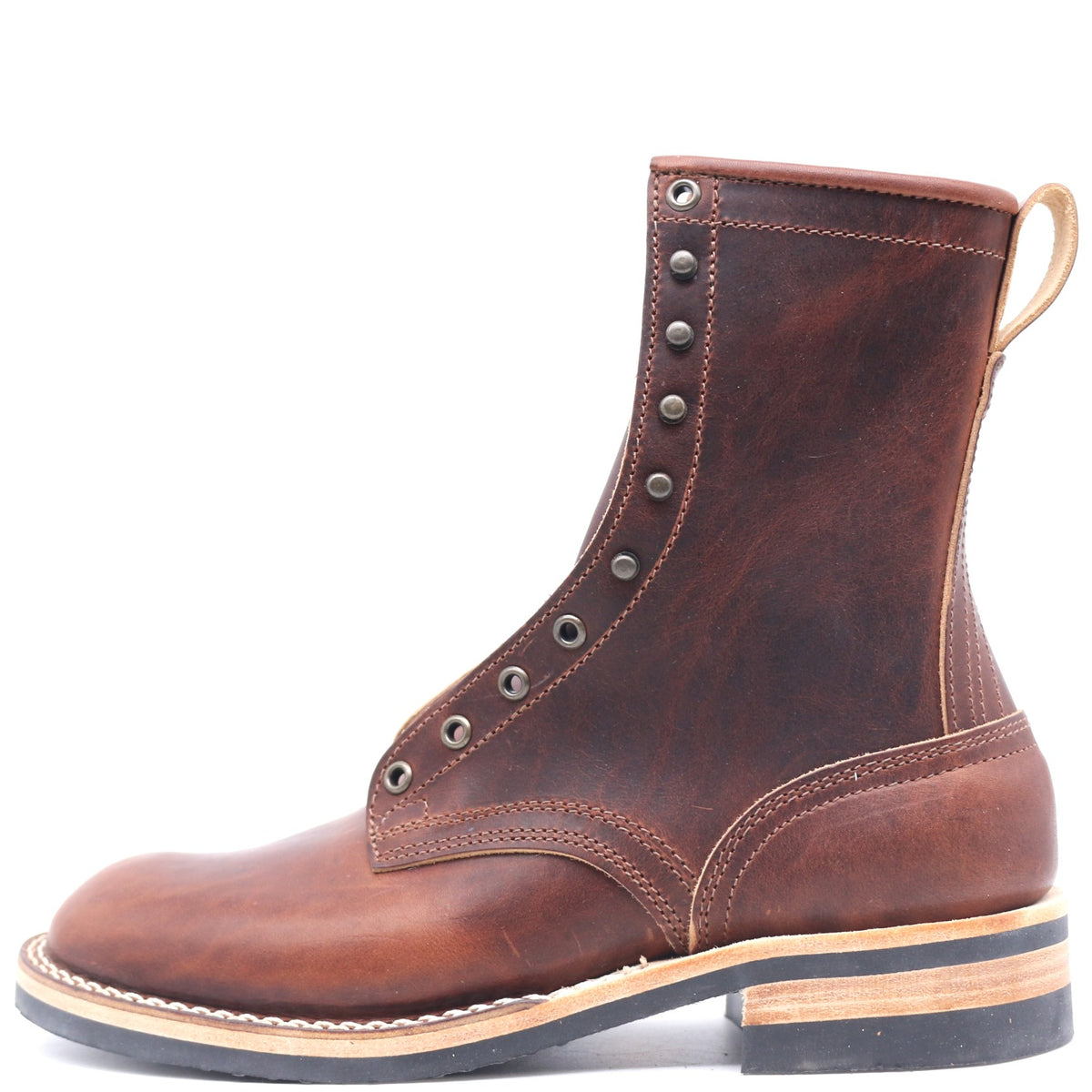 A single brown leather lace-up boot with a rugged sole, shown in a side profile on a white background.