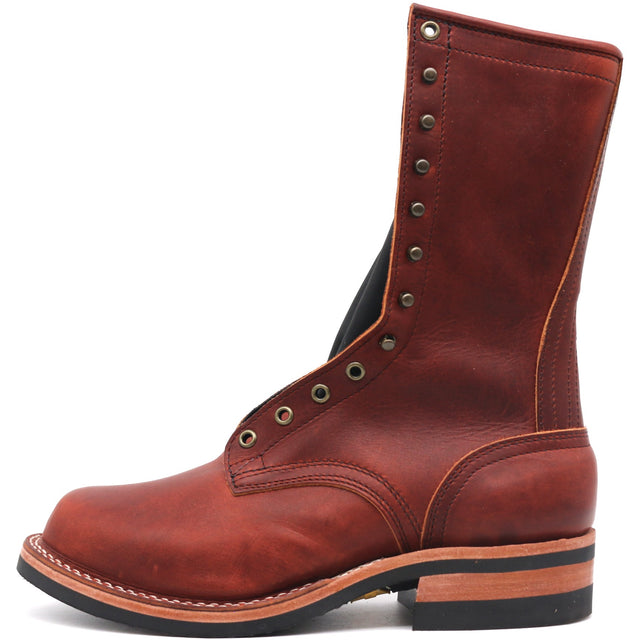 A single mid-calf lace-up boot in reddish-brown leather, shown from a side profile against a plain white background.