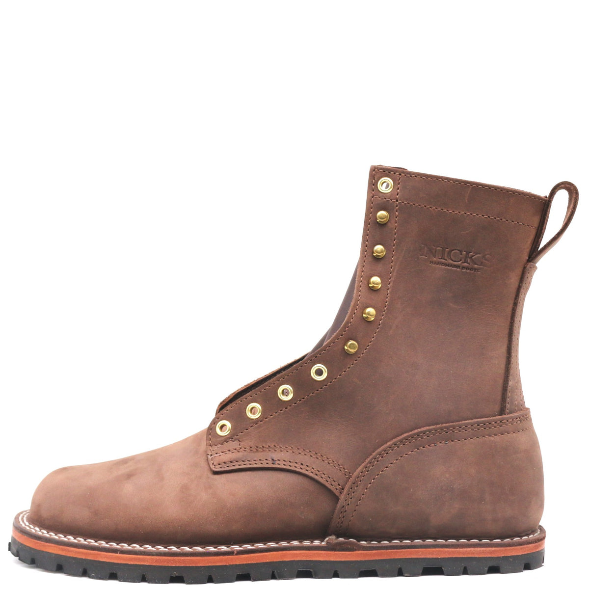 A brown suede lace-up work boot with brass eyelets, a pull tab, and a black rubber sole, shown from a side profile on a white background.