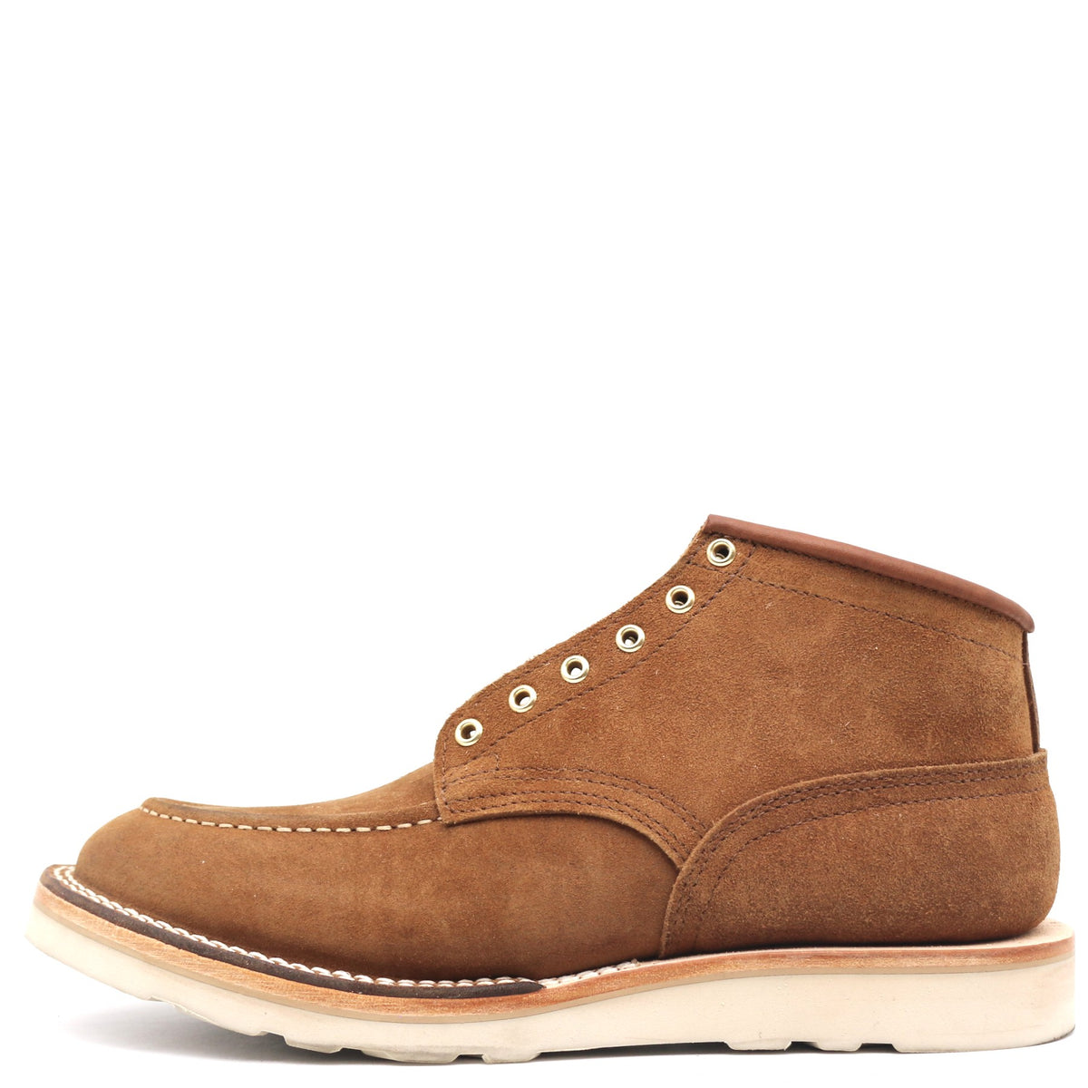 A single brown suede boot with silver metal eyelets and a thick off-white sole, shown in a side profile on a white background.