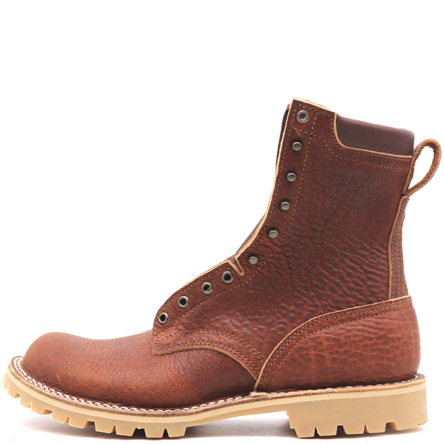 A brown textured leather lace-up boot with a light tan sole, shown from a side profile on a white background.