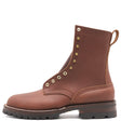 A brown leather lace-up ankle boot with gold-tone metal eyelets and a rugged black lug sole, shown from a side profile on a white background.