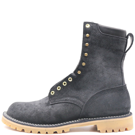 A dark gray suede lace-up boot with gold-tone metal eyelets and studs, featuring a light tan lug sole and white contrast stitching, shown against a plain white background.
