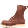 A brown leather lace-up work boot with brass eyelets, a pull tab, and a thick off-white sole, shown from a side profile on a white background.