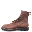 A brown leather lace-up ankle boot with brass eyelets, decorative studs, and a black rubber sole, shown from a side profile on a white background.