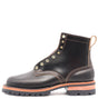 A black leather lace-up ankle boot with gold-tone metal eyelets, contrast stitching, and a rugged lug sole with a light tan outsole layer, shown from a side profile on a white background.
