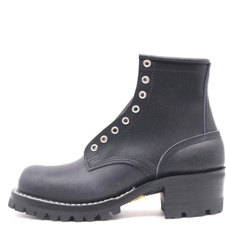 A single dark blue leather lace-up ankle boot with silver metal eyelets, a chunky black block heel, and a rugged lug sole, shown from a side profile on a white background.