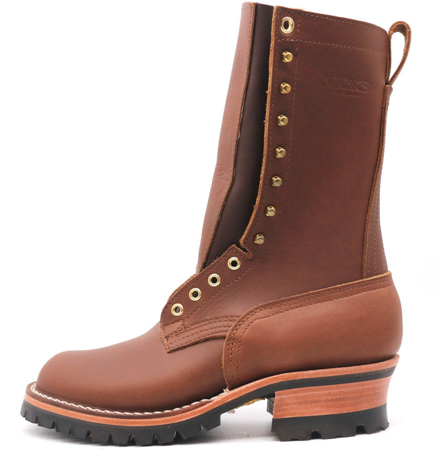 A brown leather mid-calf work boot with decorative gold-tone eyelets and studs, a pull loop, and a stacked lug sole, shown against a plain white background.