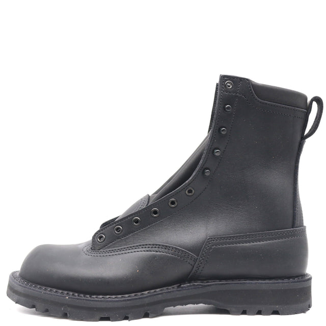 A single black leather lace-up ankle boot with a pull tab on the heel, shown from a side profile view against a plain white background.