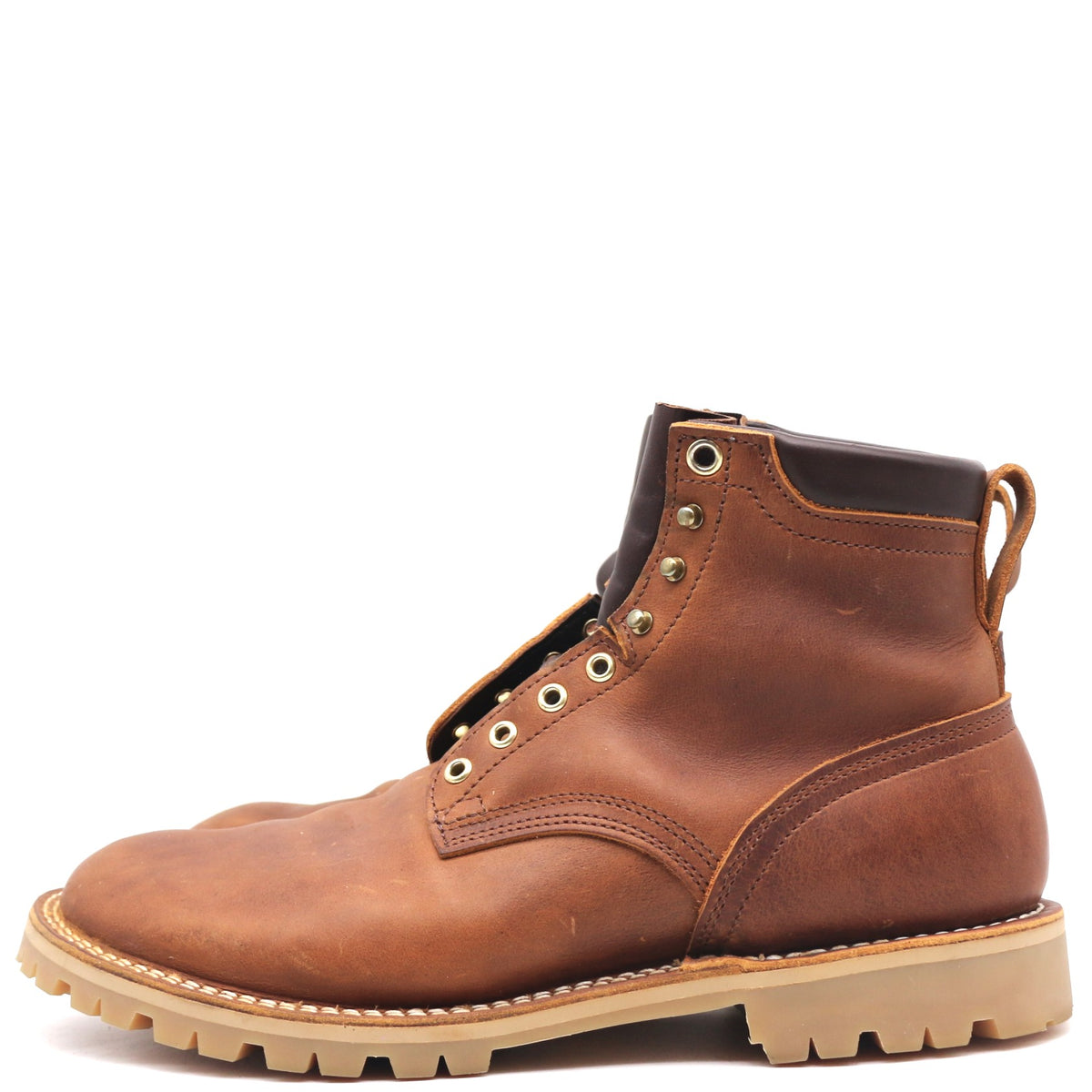 A brown leather lace-up ankle boot with a tan sole, shown in a side profile view against a plain white background.