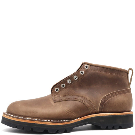 Brown leather ankle boot with black Sierra outsole, and rear pull loop in front of a white background.