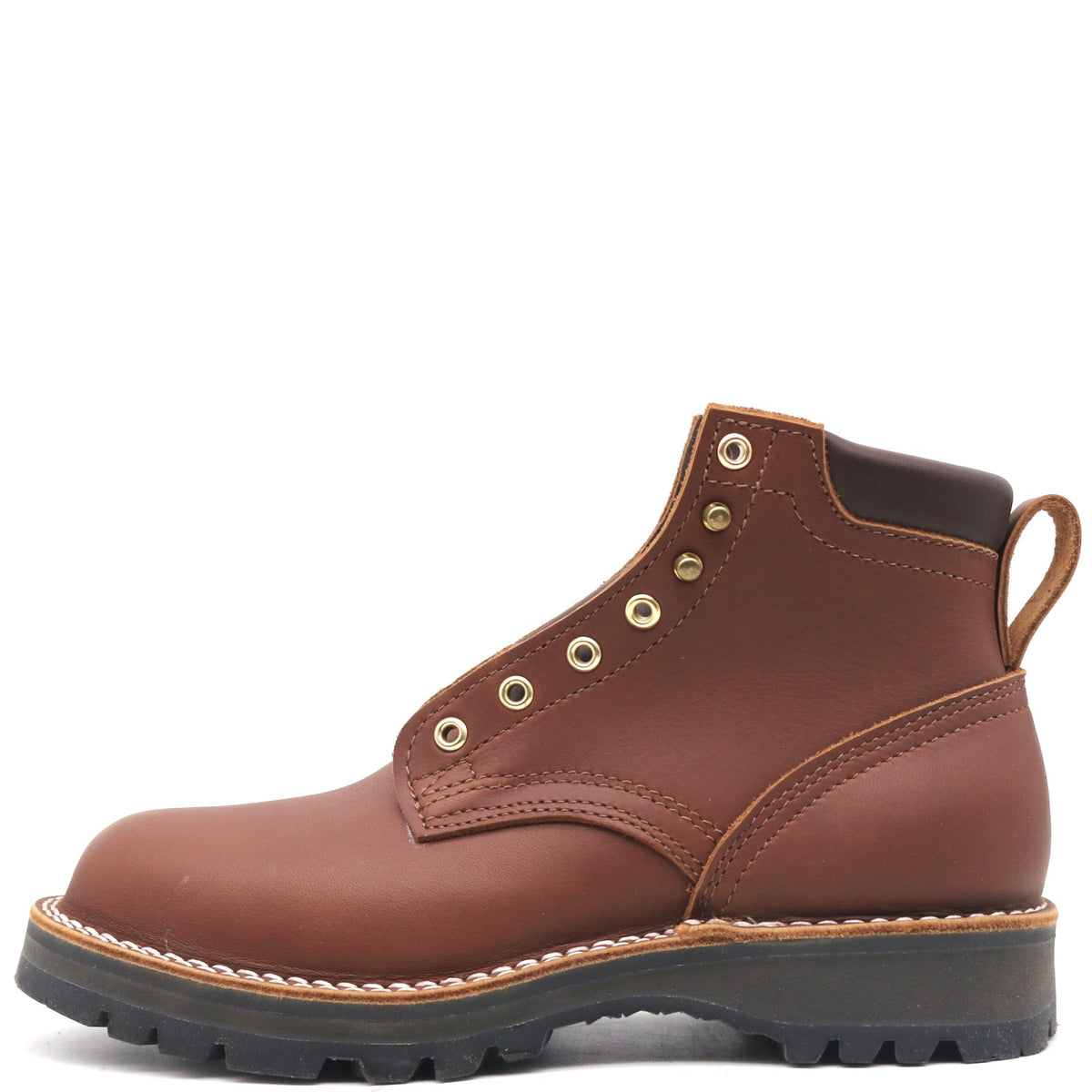 Brown leather ankle boot with padded top, rear pull loop, and Sierra outsole in front of a white background.