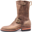 Tall engineer style brown leather boot with top and bottom buckles and rear pull loop in front of a white background.