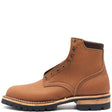 A single brown leather lace-up ankle boot with a rugged black sole and a light tan midsole layer, shown from a side profile on a white background.