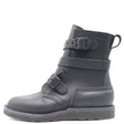 A black leather ankle boot with multiple adjustable straps and a pull tab, shown from a side profile on a white background.