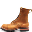A single brown leather lace-up ankle boot with a rugged black and brown sole, shown from a side profile on a white background.
