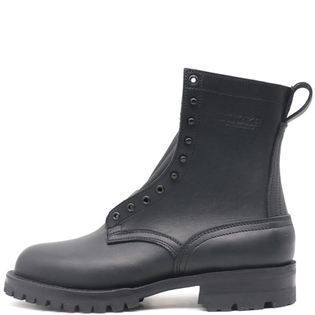 Black leather boot with black hardware and rear pull loop in front of a white background.