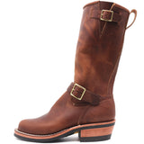 A tall brown leather boot with two adjustable buckle straps, a pull loop, and a stacked block heel, shown from a side profile on a white background.