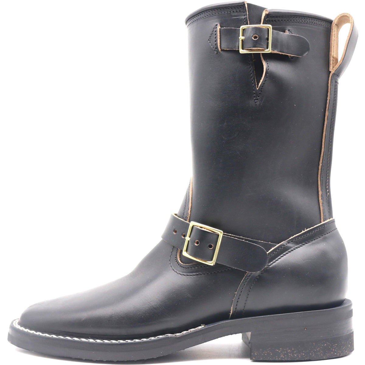 A black leather mid-calf riding boot with gold-tone buckle straps and a pull tab, shown from a side profile on a white background.