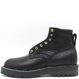 A black textured leather lace-up boot with gold-tone metal eyelets and a thick black lug sole, shown from a side profile on a white background.