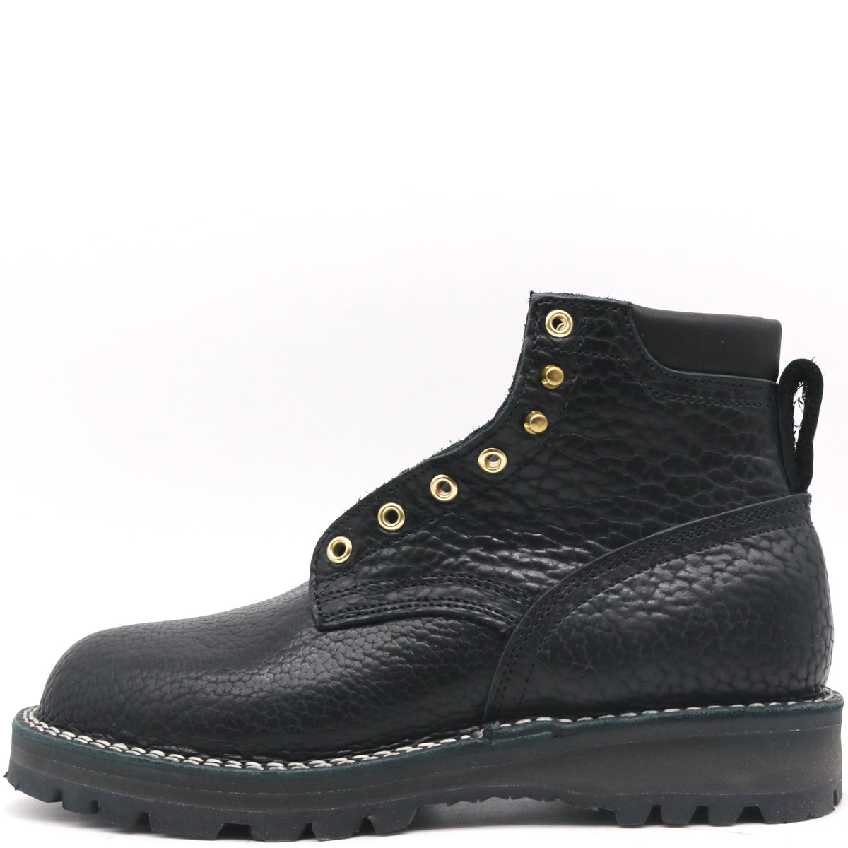 A black textured leather lace-up boot with gold-tone metal eyelets and a thick black lug sole, shown from a side profile on a white background.