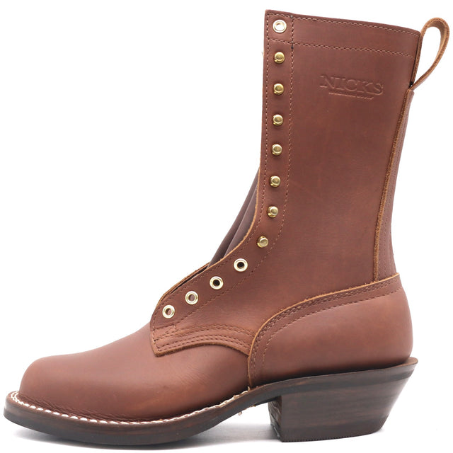 A brown leather ankle boot with a low block heel, decorative brass eyelets, and a pull tab, shown from a side profile on a white background.