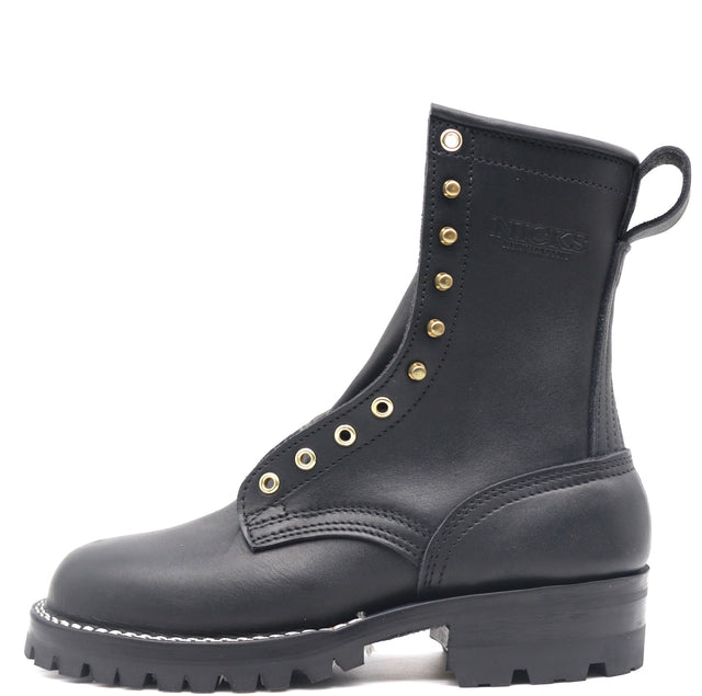 A black leather lace-up ankle boot with gold-tone metal eyelets and studs, a pull loop at the back, and a rugged lug sole, shown from a side profile on a white background.