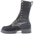 A black leather and suede lace-up work boot with gold-tone metal eyelets and studs, featuring a thick lug sole and the brand name 'NICKS' embossed on the side, shown against a plain white background.