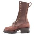A brown leather lace-up work boot with gold-tone metal eyelets and studs, a pull tab, and a chunky dark sole, shown from the side on a white background.