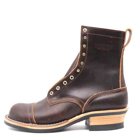 A dark brown leather lace-up ankle boot with brass eyelets, a stacked wood-look heel, and a black rubber sole, shown from a side profile on a white background.