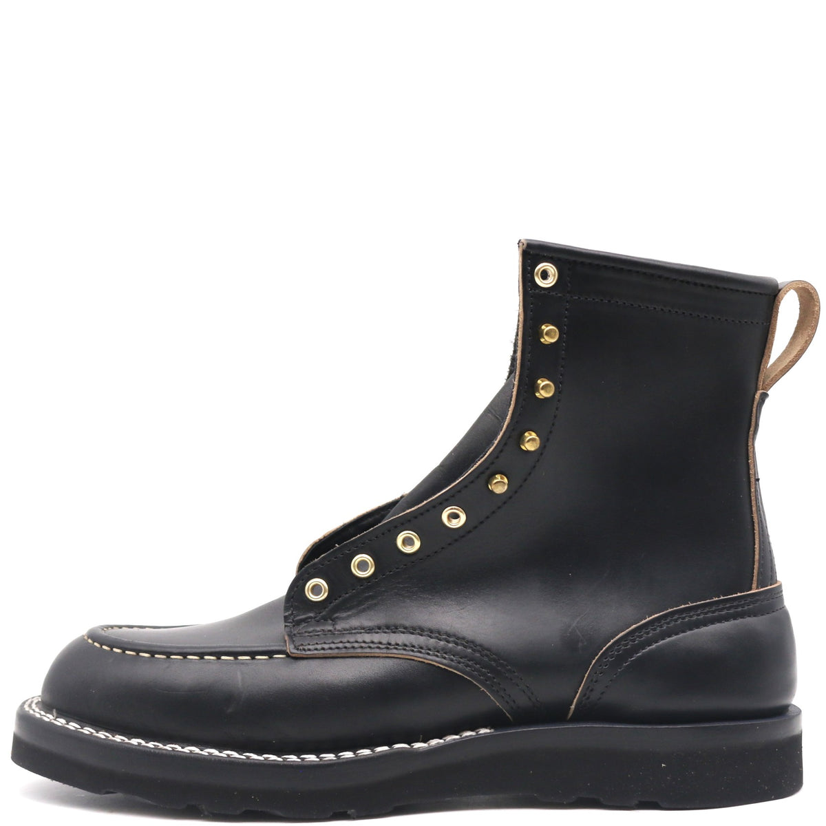 A black leather ankle boot with gold metal eyelets, white contrast stitching, and a pull tab on the heel, shown from a side profile on a white background.