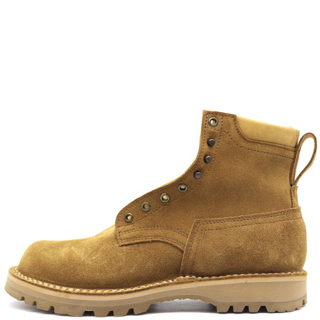 A single tan suede lace-up ankle boot with metal eyelets, a pull tab, and a thick beige lug sole, shown in profile against a plain white background.