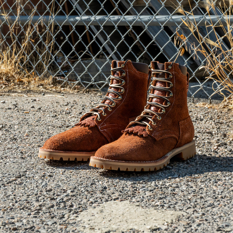 Nicks x Rose Anvil Bear Slayer 2 0 brown roughout leather lace-up work boots with lug soles on gravel
