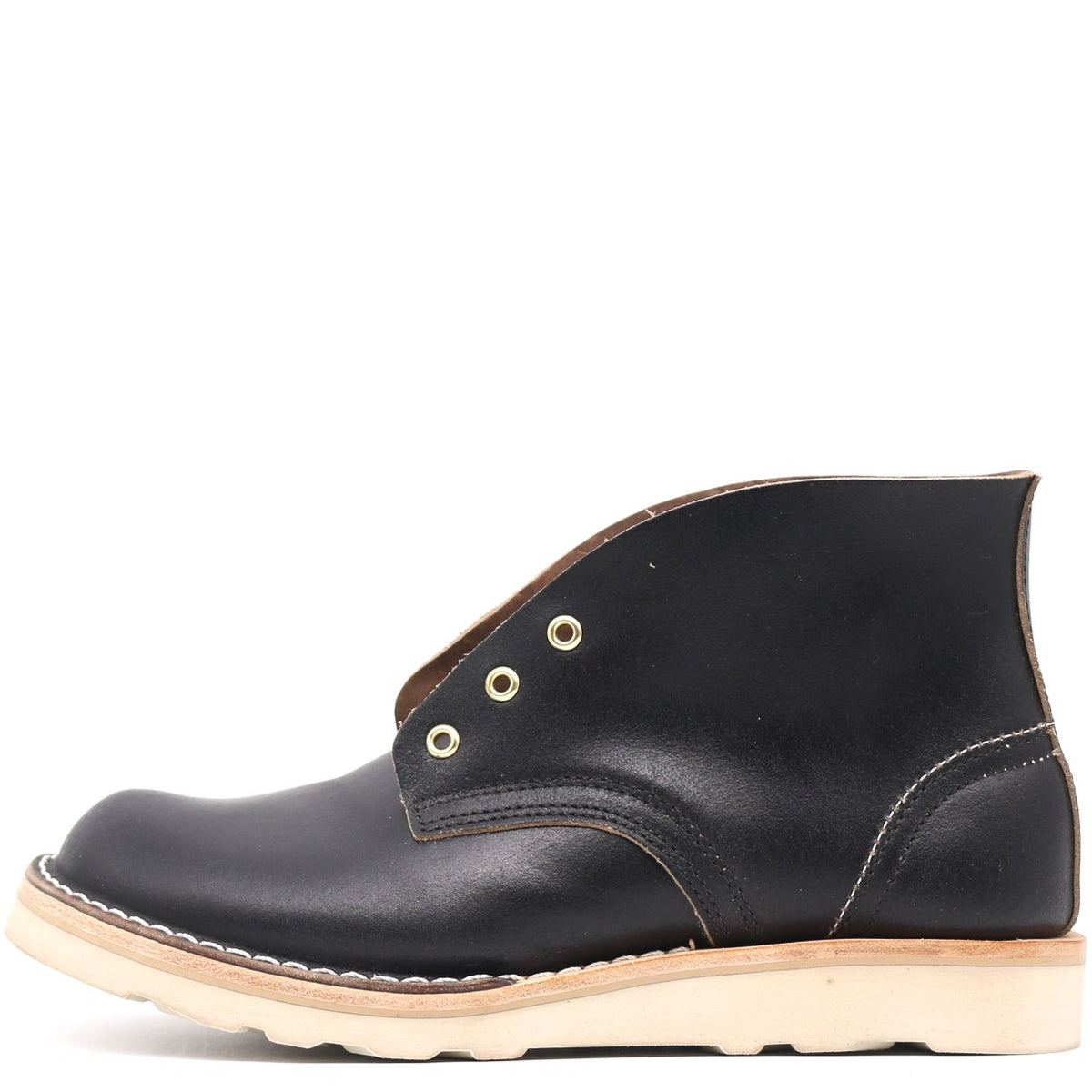 Black leather boot with a white background