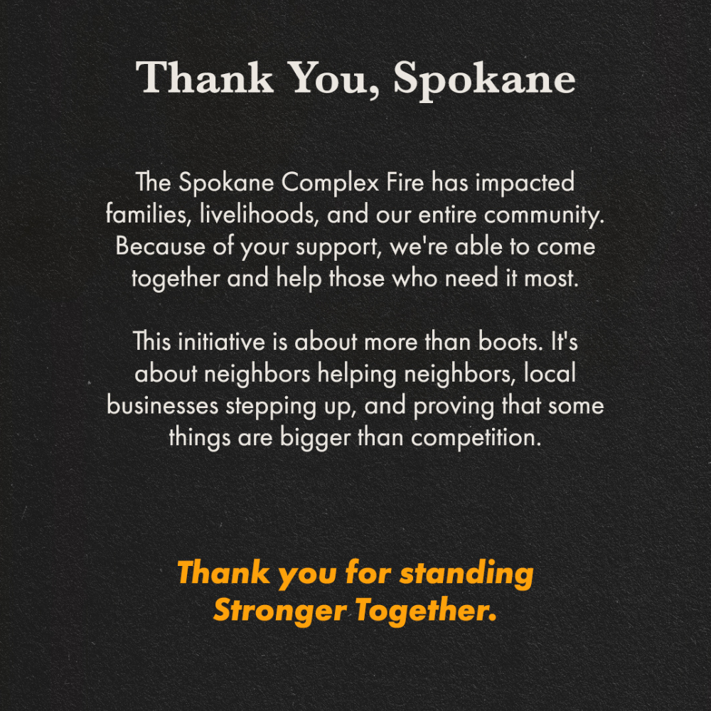 A black square graphic reading "thank you, Spokane. " with text about helping our neighbors and stepping up when others need it. 