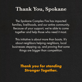 A black square graphic reading "thank you, Spokane. " with text about helping our neighbors and stepping up when others need it. 