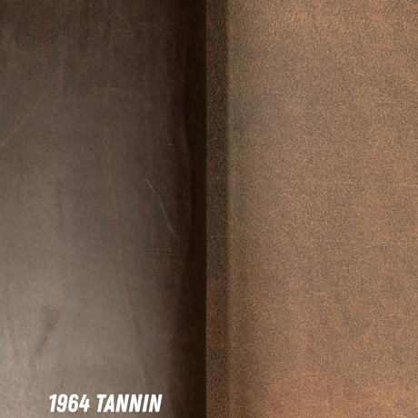 Brown leather rolled out showing smooth side on left and roughout side on right. Bottom left reads '1964 TANNIN'.