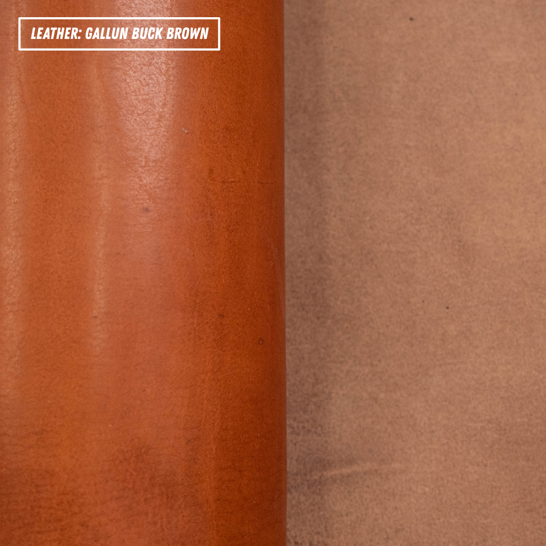 A split-screen comparison of leather finish, with a glossy warm brown leather panel on the left and a matte tan-brown leather texture on the right. A white label in the top-left corner reads 'LEATHER: GALLUN BUCK BROWN'.